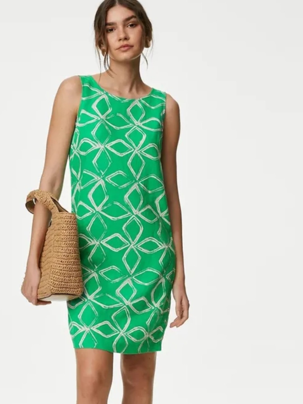 Mark & Spencer linen shift dress bold green geometric print size us 6 short ,